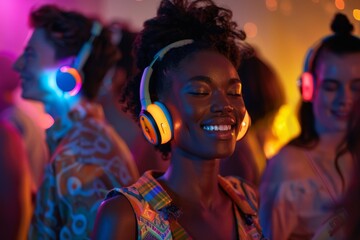 diverse group of people wearing headphones at a silent disco - obrazy, fototapety, plakaty