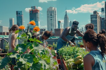 diverse group of young people gardening on a rooftop