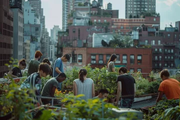 Zelfklevend Fotobehang diverse group of young people gardening on a rooftop © senyumanmu