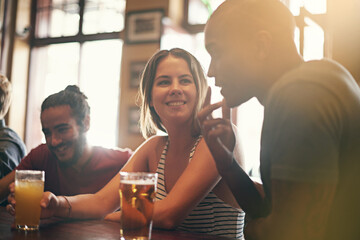 Friends, people and happiness in pub with beer for happy hour, relax or social event with...