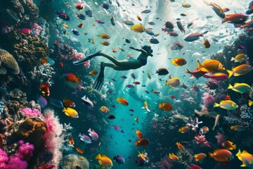a diver exploring a vibrant coral reef with colorful fish - obrazy, fototapety, plakaty