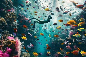 Gordijnen a diver exploring a vibrant coral reef with colorful fish © senyumanmu