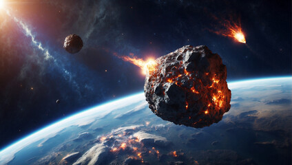Asteroid impact, end of world, judgment day. Group of burning exploding asteroids from deep space...