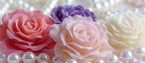A close-up view of three luxurious soap roses in pink, purple, and white delicately placed on a string of elegant pearls. The pearls provide a sophisticated backdrop for the vibrant flowers.
