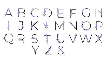 Lavender blossom violet little flower alphabet for design of card or invitation. Vector illustrations, isolated on white background for summer floral gesign - obrazy, fototapety, plakaty