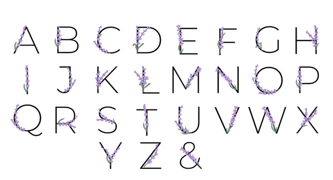 Lavender blossom violet little flower alphabet for design of card or invitation. Vector illustrations, isolated on white background for summer floral gesign