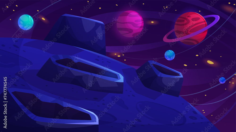 Wall mural alien planet surface with craters on background of deep cosmos sky with space bodies. cartoon vector