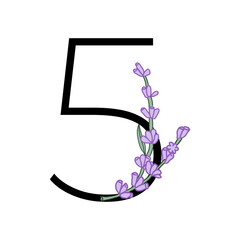 Lavender blossom violet little flower number for wedding design of card or invitation. Vector illustrations, isolated on white background for summer floral design