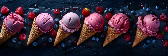Fotobehang Variety of ice cream scoops in cones with chocolate vanilla and strawberry.  © Kalsoom