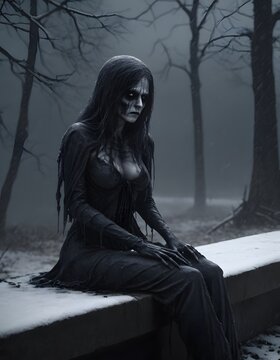 Amidst a snowy haze, a ghost-like figure with mournful eyes sits in despair. The weight of eternal sorrow seems to hang in the cold air around her.