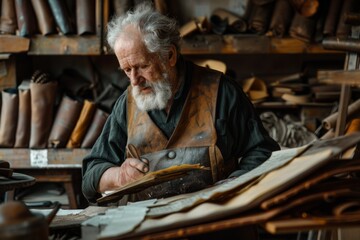 Naklejka premium skilled leather craftsman working in the workshop