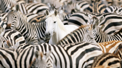 Fototapeta na wymiar White horse standing out amongst a herd of zebras, individuality, difference and acceptance