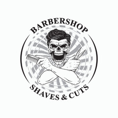 Vintage skull labels illustration for barbershop. Vector badge logo design. Black color on white background
