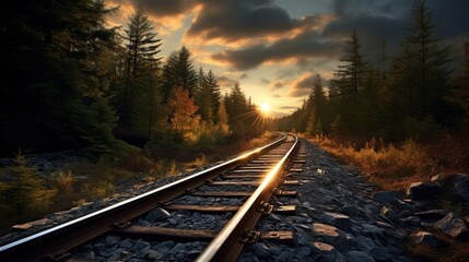 Railroad tracks during sunset.