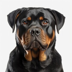 Close-up of a rottweiler dog against a white background.