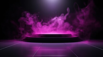 Smoke hovers in a purple void, an empty scene brought to life by neon lights and spotlights.