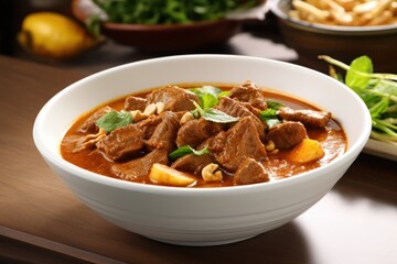 Massaman Beef Curry, a flavorful Thai dish, served in a bowl.