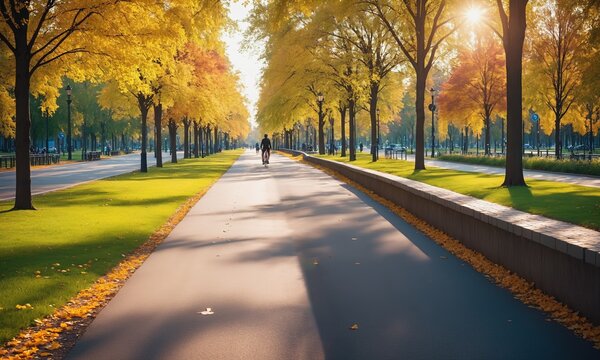 Sunlit Autumn Bicycle Path in Park