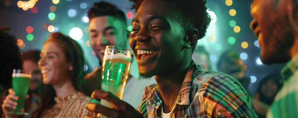 Happy multi ethnic friends drinking and having fun at Saint Patrick's day night club party