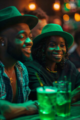 Happy multi ethnic friends drinking and having fun at Saint Patrick's day night club party