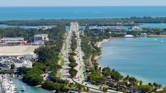 Aerial drone video Miami Rickenbacker Causeway to Crandon Boulevard 4k 2024