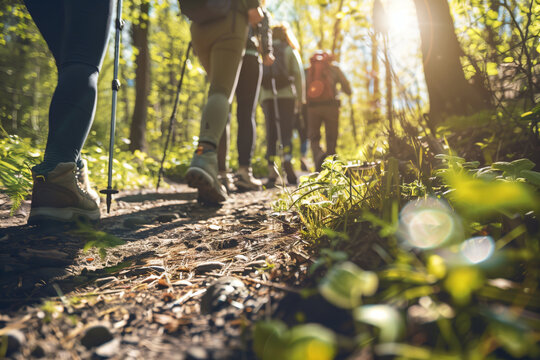 Low Angle Full Length Shot of a Small Group of Friends Hiking Together in the Countryside. They're Walking Along a Footpath in a Wooded Area with Dappled Sunlight on the Surrounding Foliage