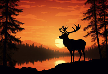 Silhouette of a deer in the forest at twilight at sunset by the lake.