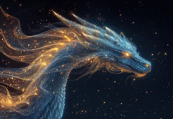Fotobehang Shining sparkling dragon on dark glitter background. Fiery monster with transparent wings encased in golden particles of stardust. © Viktar