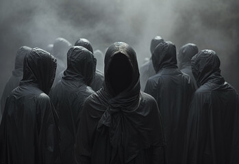 Group of people in black cloaks with hoods, in a mysterious setting. An creepy dramatic atmosphere. - obrazy, fototapety, plakaty