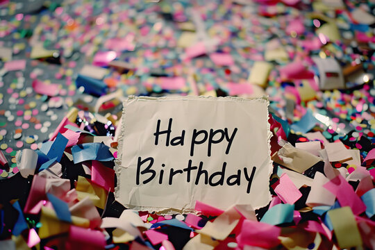 Paper sign with "Happy Birthday" written on it, placed over a bed of confetti.