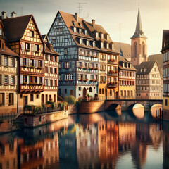 a picturesque European riverside scene, includes traditional half-timbered houses in a row, their reflections shimmering on the calm river water. Each building has a distinct facade