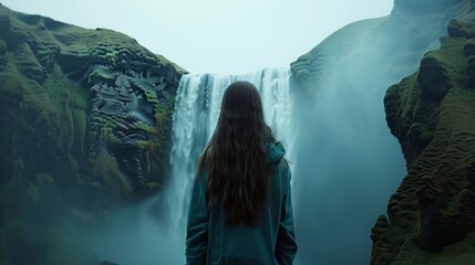 The woman is overlooking the waterfall at Skogafoss, Iceland. SkÃ³gafoss, Ãsland. --ar 16:9...