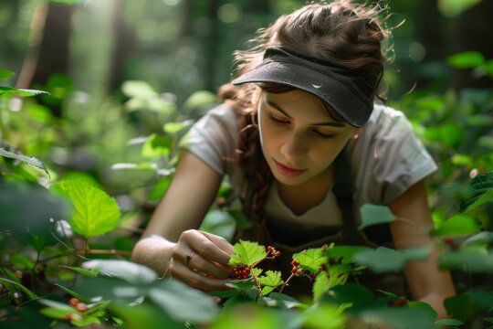 young woman harvesting wild berries from a lush green forest floor