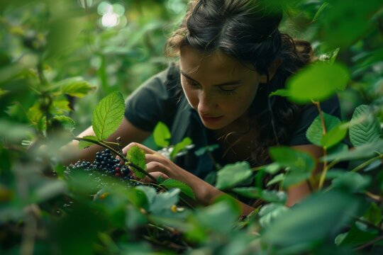 young woman harvesting wild berries from a lush green forest floor