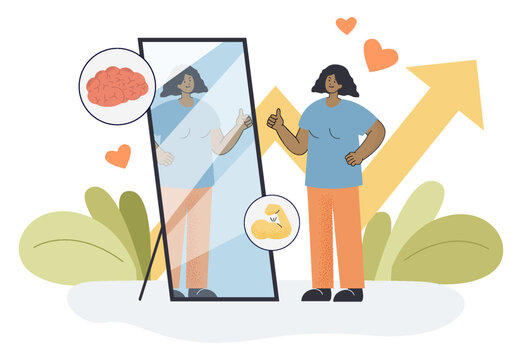 Black lady looking at herself in mirror and showing thumb up. Vector illustration. Brains, hearts and growing arrow.  Narcissist lady concept