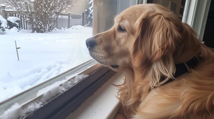 Obraz na płótnie Canvas A dog with its paws on the windowsill, looking out at the snow-covered landscape outside
