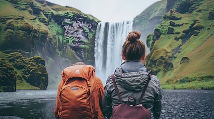 The woman is overlooking the waterfall at Skogafoss, Iceland. SkÃ³gafoss, Ãsland. --ar 16:9...