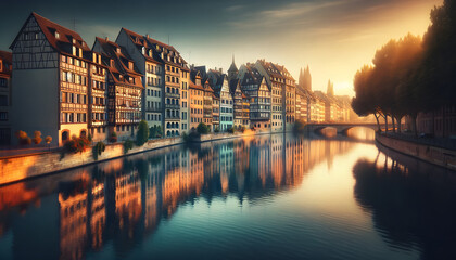 a serene riverside scene in a European city. The river calmly flows, mirroring the facades of a row of traditional buildings along its bank