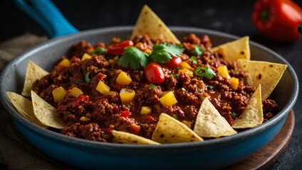 A tempting dish of spicy homemade chili surrounded by crispy tortilla chips garnished with fresh herbs and veggies
