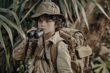 Obraz premium Boy wearing explorer costume holding binoculars