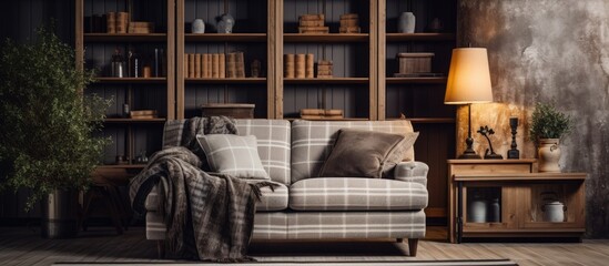 A stylish living room filled with furniture, including a comfortable sofa chair with plaids, and a lamp providing warm lighting. The room exudes a cozy and inviting atmosphere.