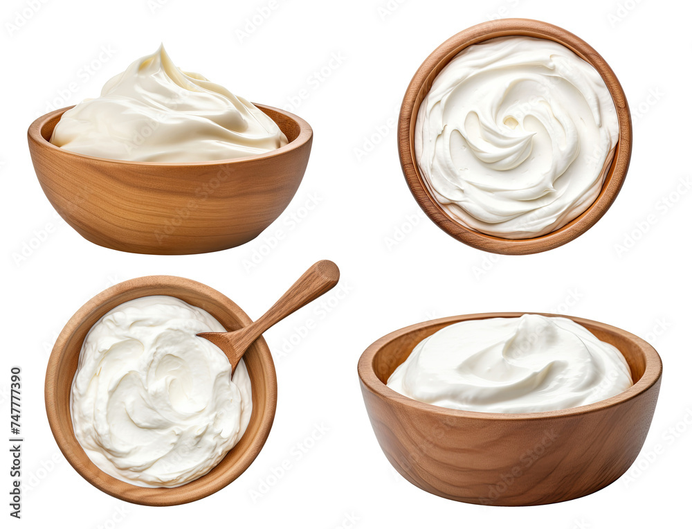 Wall mural Wooden bowls with sour cream isolated on transparent background