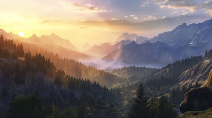 Fototapeta premium The breathtaking panorama captures the morning wild nature high in the mountains. 