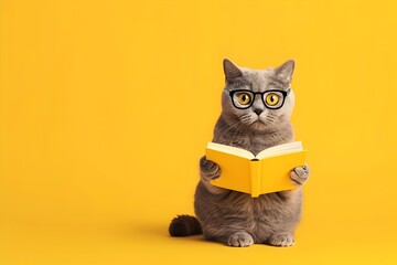 Cat Wearing Glasses Reads Book in Yellow Style - obrazy, fototapety, plakaty