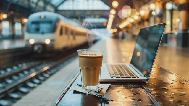 View of a  glass coffee in a train station with a laptop, seamless looping 4k time-lapse, animation video