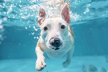 Playful White Dog Swimming in an Aquatic Tidal Pool