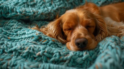 Sleeping canine companion wrapped in warmth and tranquility on a cozy blanket.