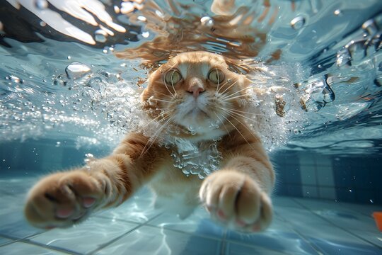 Playful Cat Swimming Spontaneously Underwater