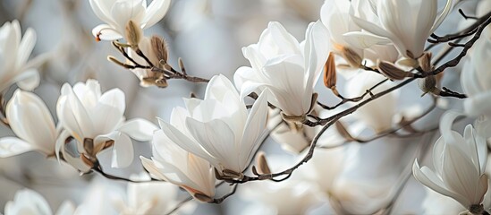 A cluster of white magnolia flowers in full bloom adorning a tree, showcasing natures beauty in a...