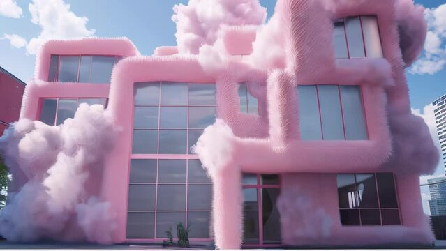A unique house with a pink cotton candy-like exterior under a blue sky

